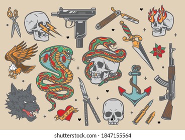 Tattoos vintage colorful set with weapon scissors bullets angry wolf head eagle snake anchor butterfly knife dagger skulls with lightnings and fire from eye sockets isolated vector illustration