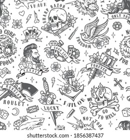 Tattoos Vintage Seamless Pattern With Pretty Woman Skull Tattoo Machine Anchor Stylish Man Swallow Razor Gorilla Wolf Heads Shark Dagger Dice Diamond Flowers Vector Illustration