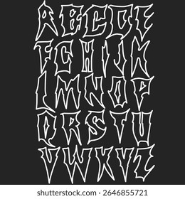Tattoo-style alphabet font in Y2K rock design with thorns, vector template. Grunge Street Art style font alphabet. Death Metal, Rock, or Gothic style alphabet lettering for t-shirt prints and textile
