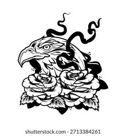 Tattoo-Stil Design eines Adlers unter Rosen