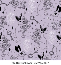 Tattoo-Style Seamless Pattern with Rabbits, Flowers, Keys, and Hearts. Hand-Drawn Vector background