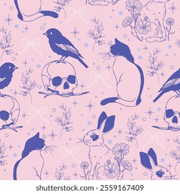 Tattoo-Style Seamless Pattern with Skull, Birds, Cats, Flowers, and Rabbits. Hand-Drawn Vector background