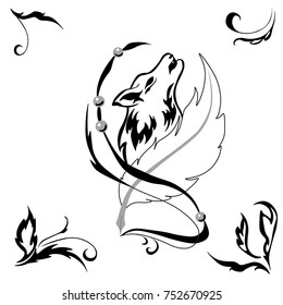 Tattoostyle wolf and feather for salons and prints, vector illustration