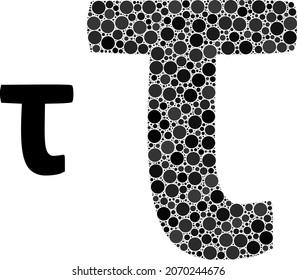 Tau Greek lowercase letter vector collage of small circles in various sizes and color tinges. Small circles are organized into Tau Greek lowercase letter vector collage.