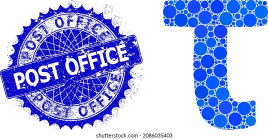 Composición vectorial de letra baja tau griega de puntos redondos de diferentes tamaños y matices de color azul, y estampado grunge Post Office. El sello de rosette azul redondo y agudo incluye el texto de la oficina de correos dentro de ella.
