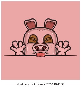 Taunt Face Expression With Pig Cartoon. Vector and Illustration