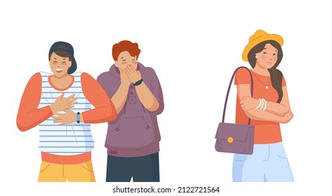 Taunts girl. Unfriendly student guys giggle at teen woman, bullying students, gossiping friends, vector illustration. Bullying and mockery, laughing and depressed