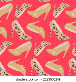 Taupe beige high heel fashion shoes on red background graphic pattern for fabric, stationery, card or notebook cover.