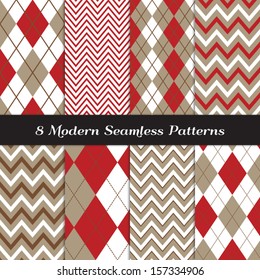 Taupe And Red Argyle And Chevron Seamless Patterns. Sock Monkey Style Background. Pattern Swatches Included And Made With Global Colors.