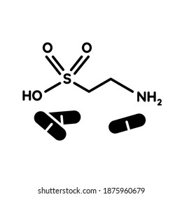 Taurine black glyph icon. Scientific formula for organic compound. Energy drink supplement. Pharmaceutical additive. Atomic bond. Silhouette symbol on white space. Vector isolated illustration