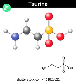 Taurine chemical formula and model, 2d and 3d illustration, vector on white background, eps 8