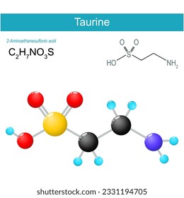 Taurine molecule. molecular chemical structural formula and model of non-proteinogenic amino sulfonic acid. Vector illustration
