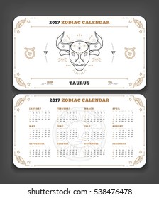 Taurus 2017 year zodiac calendar pocket size horizontal layout Double side white color design style vector concept illustration