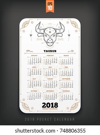 Taurus 2018 year zodiac calendar pocket size vertical layout White color design style vector concept illustration.