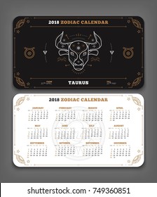 Taurus 2018 year zodiac calendar pocket size horizontal layout Double side black and white color design style vector concept illustration