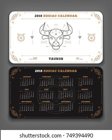 Taurus 2018 year zodiac calendar pocket size horizontal layout Double side black and white color design style vector concept illustration