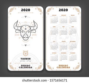 Taurus 2020 year zodiac calendar pocket size vertical layout Double side white color design style vector concept illustration