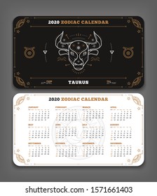 Taurus 2020 year zodiac calendar pocket size horizontal layout Double side black and white color design style vector concept illustration