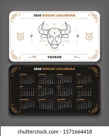 Taurus 2020 year zodiac calendar pocket size horizontal layout Double side white and black color design style vector concept illustration