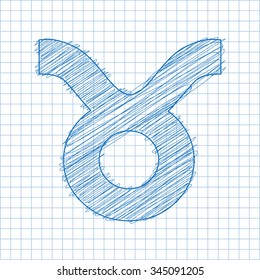 Taurus, 21 April - 20 May. HOROSCOPE SIGNS OF THE ZODIAC - Ballpen blue Scribble on a checkered paper background.