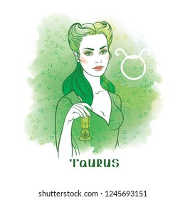 Taurus astrological sign. Beautiful girl with decorative bell in hand. Watercolor background