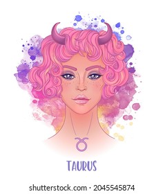 Signo astrológico Taurus como una chica hermosa. Ilustración vectorial sobre el fondo de la acuarela aislada en blanco. Contando el futuro, horóscopo. Mujer de moda zodiac set. 