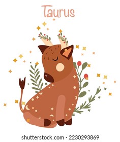 Taurus astrologisches Zeichen. Cute Zodiac Schild mit bunten Blättern und Sternen um. Cute Taurus perfekt für Poster, Logo, Karten. Vektorgrafik.