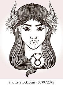 Taurus astrological sign. Hand drawn art of a young pretty girl. Coloring book, tattoo art. Isolated vector illustration