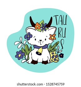 Taurus Astrological Zodiac sign with cute cat character. Cat zodiac icon. Kitten Taurus sticker. Baby shower or birthday greeting card. Astrological horoscope element. Taurus icon or logo isolated