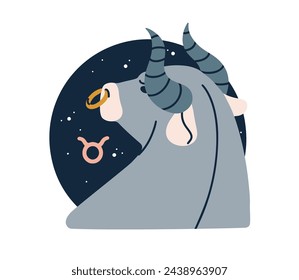 Tauro, signo del zodiaco astrológico. Toro de cuernos, buey, animal celestial, símbolo del horóscopo. Búfalo de ficción, pegatina esotérica, icono. Ilustración vectorial gráfica plana aislada sobre fondo blanco