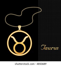Taurus Astrology Pendant Necklace.  Engraved zodiac icon, with gold chain, for the horoscope Earth Sign Taurus, with textured black background. EPS8 compatible.


