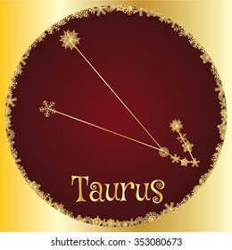 Taurus. Astrology sign. Vector zodiac. Gold snowflakes