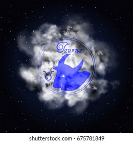 Taurus Astrology zodiac constellation on smoke against a background of a sky full of stars.