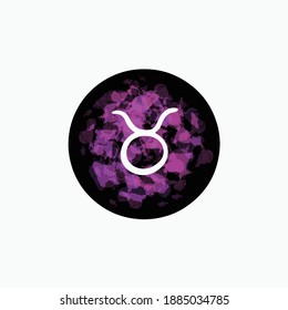 Taurus astrology zodiac planet sign symbol with purple pink brush element. Magical round black icon isolated on white background. Hand drawn illustration. 