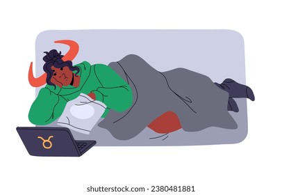 Taurus astrology zodiac sign concept. Lazy character in astrological horoscope. Woman watches movie on laptop. Home rest on the weekends. Flat isolated vector illustration on white background