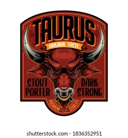 "Taurus" - diseño de etiquetas de cerveza. Ilustración vectorial colorida en la elegante técnica de grabado de la cabeza del toro rojo con anillo de oro en su nariz.