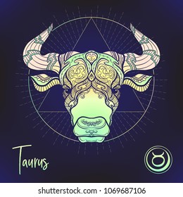 Taurus, bull, ox Zodiac sign. Astrological horoscope collection. Multicolor on black dackground. Vector illustration