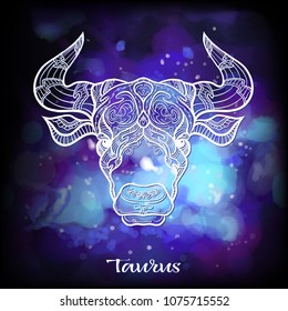 Taurus, bull, ox Zodiac sign. Astrological horoscope collection. White on dark  blue and ultra violet space  background. Vector illustration