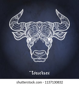 Taurus, bull, ox Zodiac sign. Astrological horoscope collection. White on dark  blue, black space  background. Vector illustration