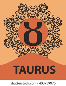 Taurus Bull zodiac astrology icon for horoscope vector illustration on ornamental round lace pattern. Abstract vector tribal ethnic yoga yantra background. 