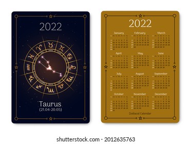 Calendario del auro de la disposición del tamaño de bolsillo del signo de zodiaco. 2022 año calendario vertical de doble cara con símbolo astrológico de constelación brillante de Taurus sobre cubierta oscura, la semana comienza a partir del domingo