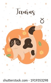 Taurus cat in cartoon style. Postcard with zodiac sign. Vector graphics.