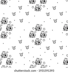 Patrón dibujado a mano sin fisuras del gato Taurus. Ilustración con la mano en blanco y negro vectorial.