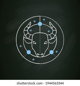 Taurus chalk icon. Bull symbol. Second fire sign in zodiac. Mystic horoscope sign. Bullfight, corrida mascot. Astrological science concept. Isolated vector illustration on chalkboard