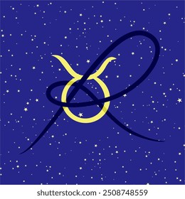 Tauro en combinación con la letra R. Signo del zodiaco. Sobre un fondo estrellado azul oscuro. Concepto de astrología y horóscopos. Ilustración vectorial.