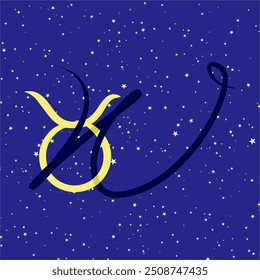 Taurus in combination with the letter W. Zodiac sign. On a dark blue starry background. Astrology and horoscopes concept. Vector illustration.