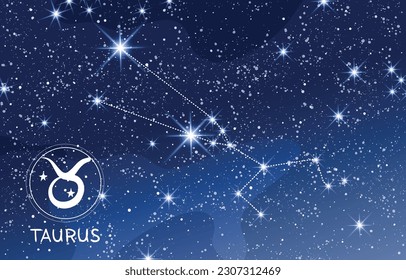 Taurus constellation in the blue night sky, zodiac sign, earth element, astrology banner for horoscope, modern astronomy map, boho mystical vector illustration.