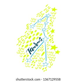 Taurus constellation with brush lettering and doodle background. Handwritten typography. Stylized sky map. Ready-to-print design template. Clothes badge,icon,logo,banner,tag. Vector illustration.