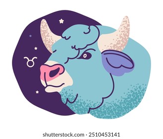 Constelación de Tauro con un ambiente terrenal y místico. Astrología, mitología del signo zodiacal. Ilustración vectorial plana.