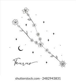 Constelación de Tauro con garabatos dibujados a mano de flores, hojas, flores y estrellas. Arte vectorial, Clipart de ilustración gráfica. Esta ilustración es una hermosa y creativa representación del Tauro